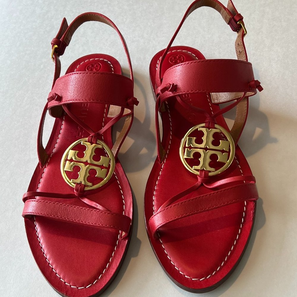 Tory Burch Red Leather Logo Medallion Slingback Sandals